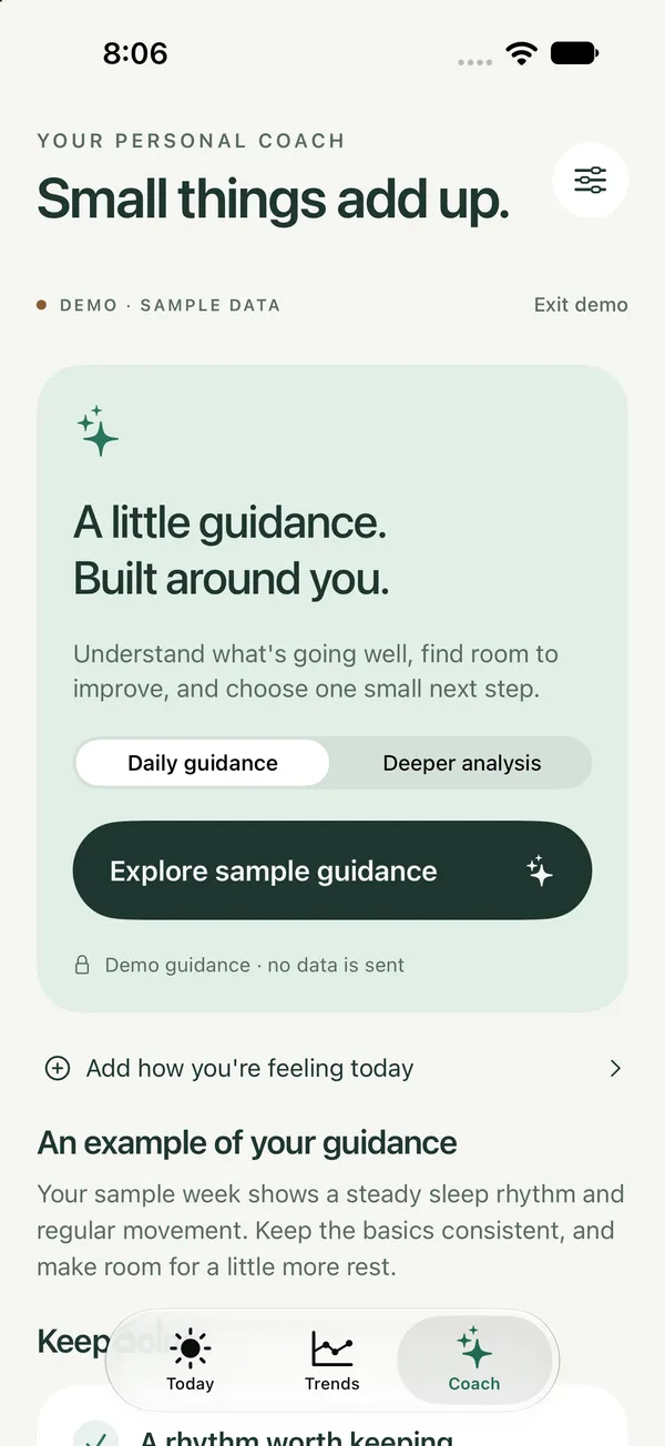 Actual Coach screen showing illustrative AI guidance in the app’s demo mode.