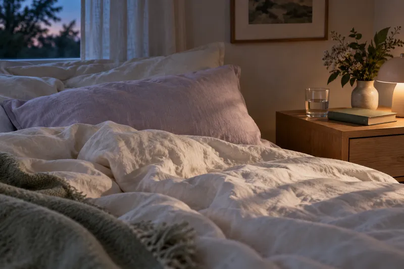 A welcoming bedroom with soft linen, a book, and warm evening light.